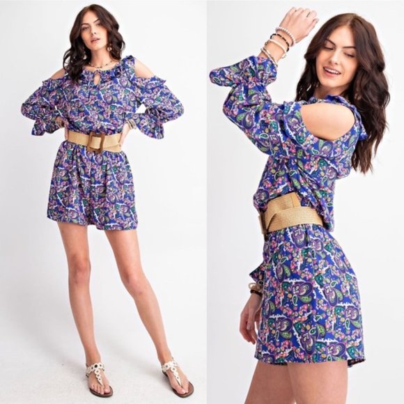 easel | Romper in the Heather Floral Print Cold Shoulder Navy Ruffle New Small - Picture 1 of 13
